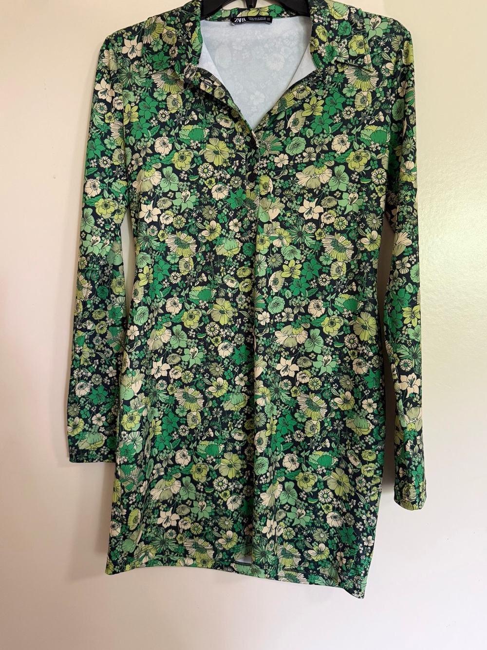 Zara Mini Long Sleeve Dress Women's Green Floral Silky 60s 70s Retro  Sz S